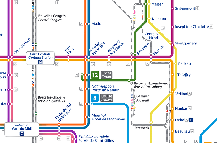 Détail de la carte du Métro et du train montrant les gares et la navette vers l'aéroport